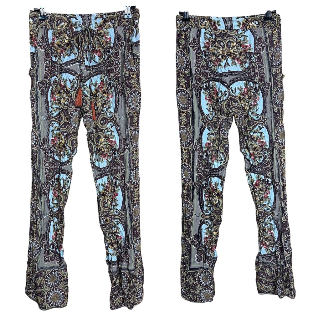 Angie Boho Hippie Floral Festival High Rise Tassel Cropped Flowy Ankle Pants S